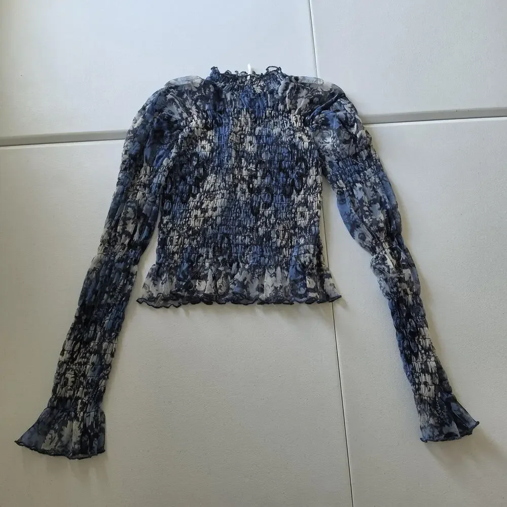 Free People Blouse Womens XS Blue Floral Mesh Mock Neck Ruffle Bell Sleeve